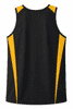 A black men's singlet with yellow side stripes and a logo on the back.