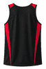 A men's singlet featuring a black body with red side panels and a logo.