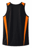 A black singlet with orange side panels and a logo on the back. Suitable for various activities.
