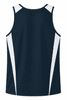 A navy blue singlet featuring white panels on the sides and a logo on the back.