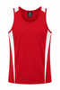 A red singlet with white side panels and a logo on the neckline. Ideal for casual wear or sports.