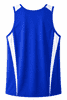 A blue men's singlet with white side panels and a simple design. It features a logo on the back.
