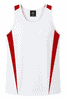 A white singlet with red accents, featuring a logo on the front. Suitable for casual or athletic wear.