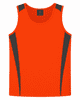 An orange singlet with grey accents, featuring a logo on the inside label.