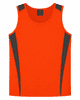 An orange singlet with grey accents, featuring a logo on the inside label.