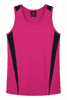 A vibrant pink singlet with black side panels and a logo on the neckline. Perfect for active wear.