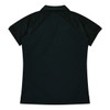 A black polo shirt featuring a classic collar and short sleeves, designed for women, with a logo on the back.
