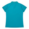 A turquoise polo shirt with short sleeves and a classic collar, featuring a logo on the back.