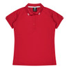 A red polo shirt with short sleeves and a collar, featuring a branded label and contrasting stripes.