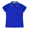 A blue polo shirt with short sleeves and a collar, featuring contrasting stripes on the shoulders and a logo.