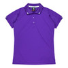 A purple polo shirt with a collar and button detailing, featuring a logo on the upper back.