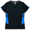 A black women's t-shirt with blue accents and a V-neck design, featuring brand logos.