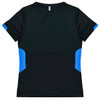 A black t-shirt with blue side panels and a logo on the back. Short-sleeved design suitable for active wear.