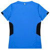 A blue women's t-shirt with black side panels and a logo. The back features a sporty design.