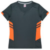A dark green women's t-shirt with orange side accents and a v-neck design. It features branding on the label.