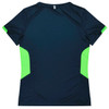 A navy blue women's t-shirt with bright green accents on the sides and a logo on the back.