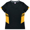 A black and yellow women's T-shirt with a V-neck and contrasting side panels. It features a branding logo.