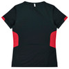 A black and red women's T-shirt featuring a simple design and a logo on the back.