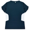 A dark navy T-shirt featuring white side panels and a simple design. It has a branding logo on the back.