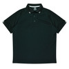 A dark green polo shirt featuring a classic collar and three buttons, with contrasting stripes on the sleeves.