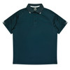 A dark teal polo shirt with a classic collar and three-button placket, featuring a logo on the chest.