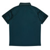 A dark green polo shirt featuring a collar and short sleeves, with a logo on the front.