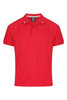 A vibrant red men's polo shirt featuring two white stripes on the collar and a logo.