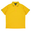 A yellow polo shirt featuring a contrasting collar and striped accents on the sleeves. It has a logo on the chest.