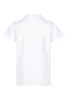 A white polo shirt for kids with short sleeves and a collar, featuring a logo on the back.