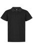 A black polo shirt with a collar and three buttons, featuring a logo.