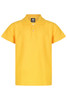 A yellow polo shirt with a collar, featuring a three-button placket and a logo on the label.
