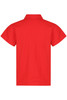 A red polo shirt with short sleeves and a collar, featuring a logo on the back.