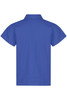 A blue polo shirt with short sleeves, featuring a collar and a logo on the back.