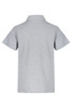 A grey polo shirt with a simple design, featuring a collar and short sleeves, and a branding logo.