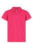A pink polo shirt for kids featuring a collar and a button placket. The shirt has a branded logo.