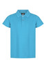 A light blue polo shirt with a collar and a logo on the label. It has short sleeves and a button front.