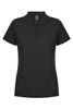 A black polo shirt featuring a three-button placket and a logo on the collar.