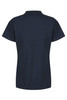 A navy blue polo shirt with a collar and a logo on the back, featuring short sleeves.