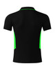 A black polo shirt with green side panels, featuring a collar and short sleeves. It has a logo.