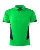 A green men's polo shirt with black side panels and a collar. It features a logo on the chest area.