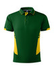A green and yellow polo shirt featuring a logo, with contrasting stripes on the sides.