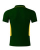 A men's polo shirt in dark green with yellow side panels and a collar, featuring a logo.