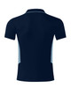 A navy blue polo shirt with light blue side panels and a collar. The shirt features a logo.