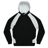 A black and white hoodie with a kangaroo pocket and a hood, featuring a logo on the chest.