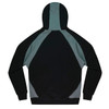 A hoodie in black and grey with a colour-block design and a hood. It features a logo on the front.