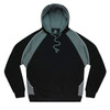 A black and grey hoodie with a front pocket and a drawstring hood, featuring a logo.