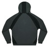 A dark green hoodie featuring a design with contrasting black panels and a hood. The back view highlights the fabric details.