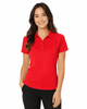 A woman wearing a red polo shirt, featuring a collar and short sleeves, with a logo on the chest.