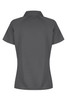 A charcoal grey women's polo shirt with a collar and short sleeves, featuring a logo on the back.