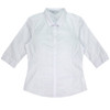 A white 3/4 sleeve button-up shirt with a classic collar and a logo on the label.